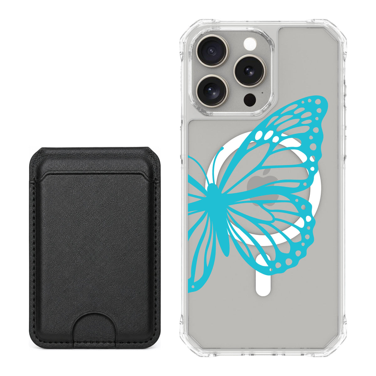 Scooch MagCase Azure Butterfly for iPhone 15 Pro Max — Black MagWallet Bundle