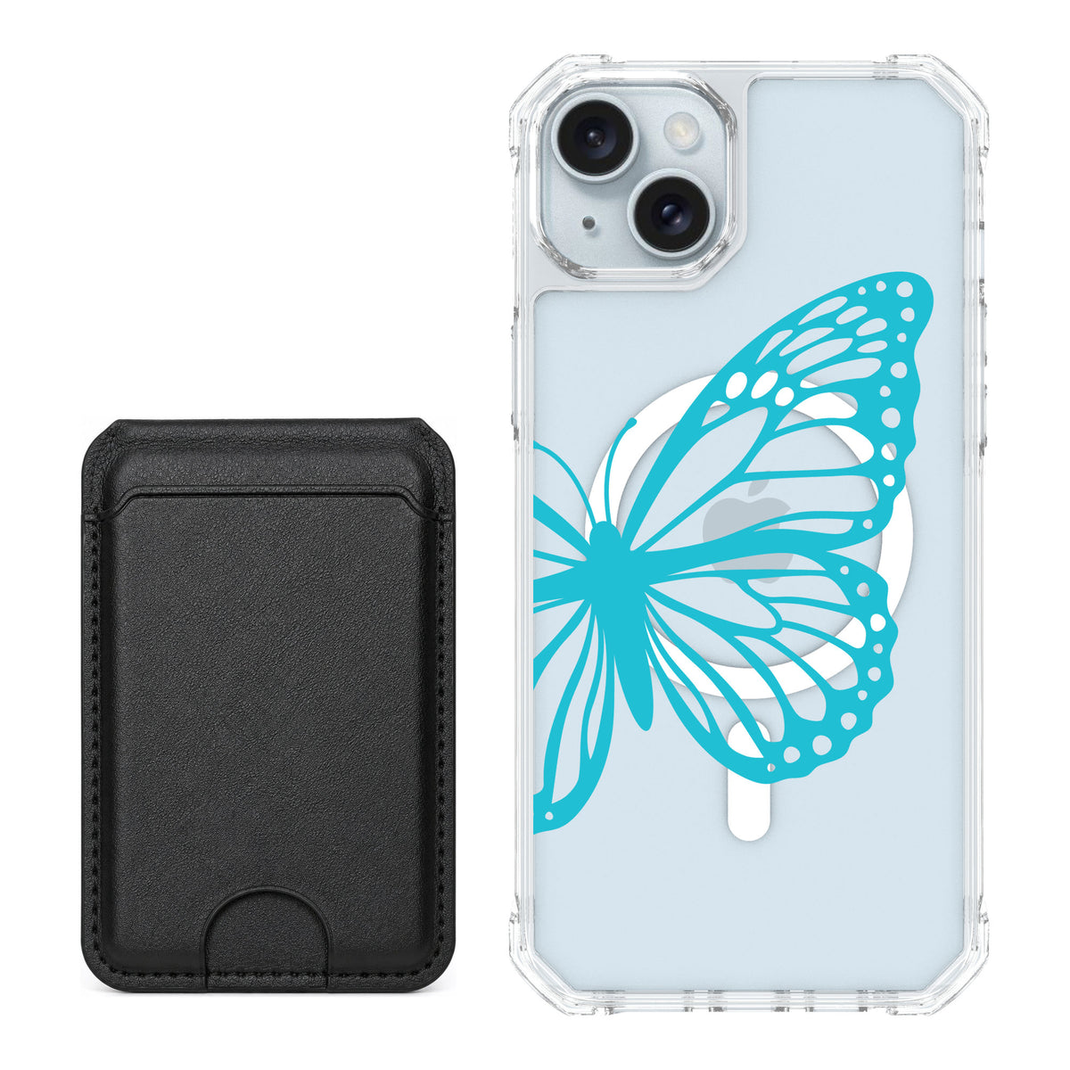 Scooch MagCase Azure Butterfly for iPhone 15 Plus — Black MagWallet Bundle