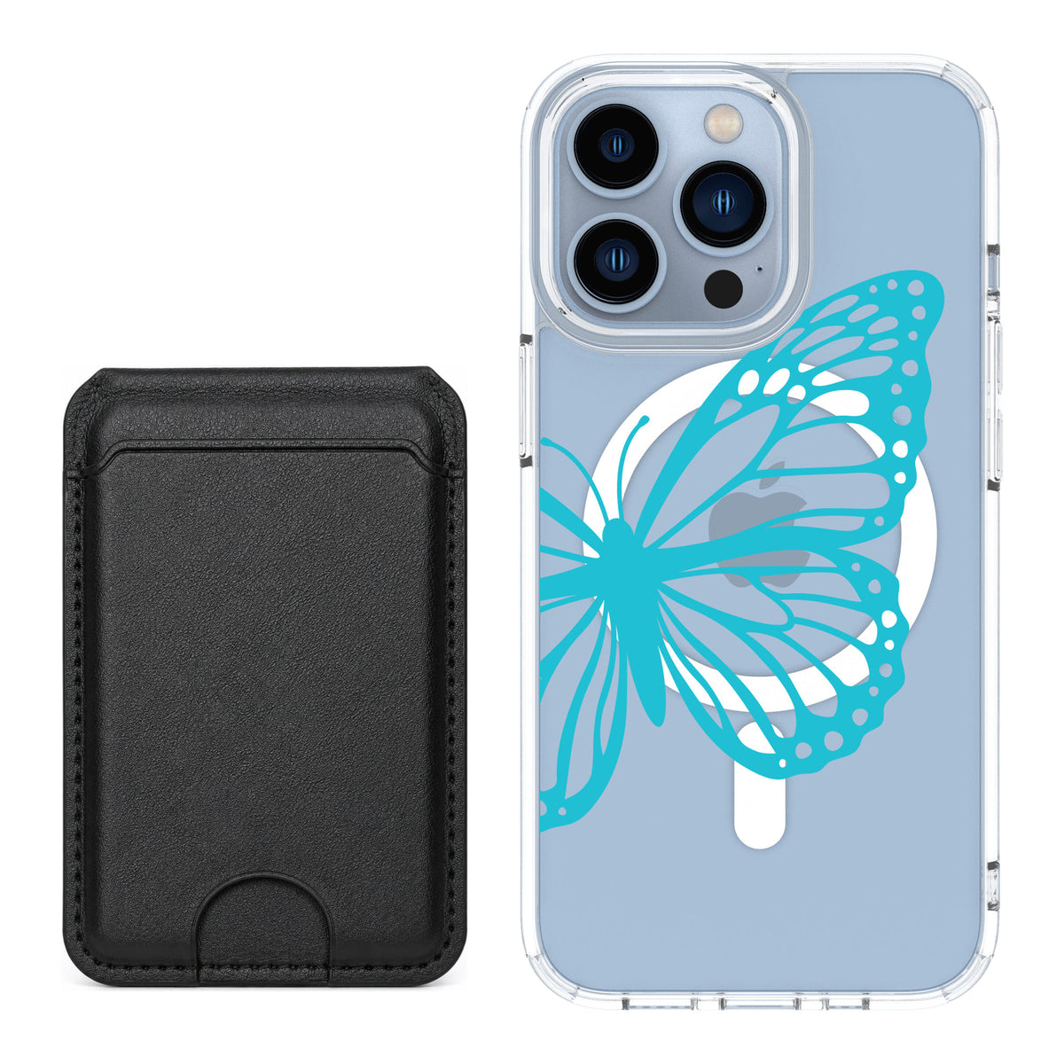 Scooch MagCase Azure Butterfly for iPhone 13 Pro — Black MagWallet Bundle