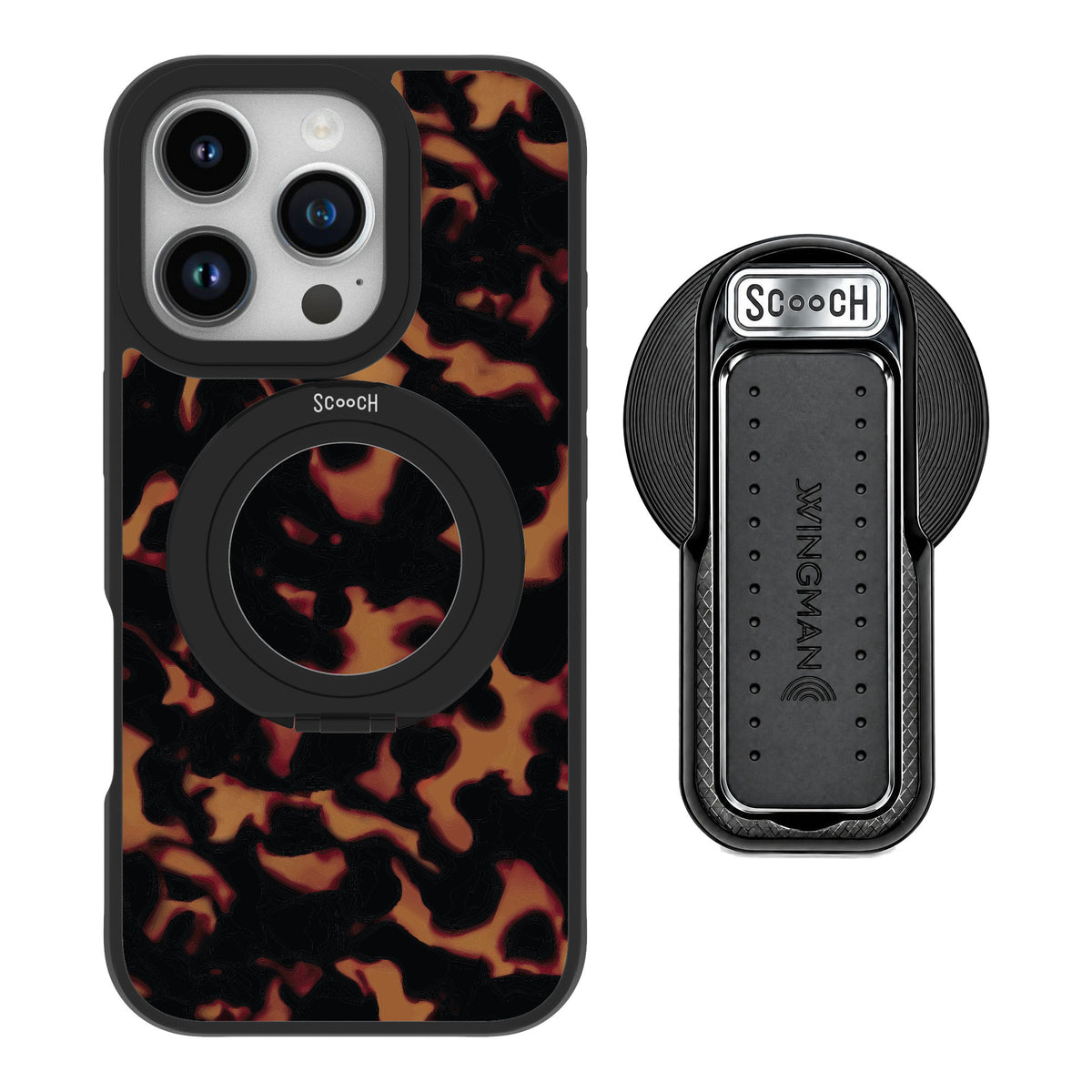 Scooch MagCase Tortoise Shell for iPhone 16 Pro — MagSafe Wingback Bundle - Black