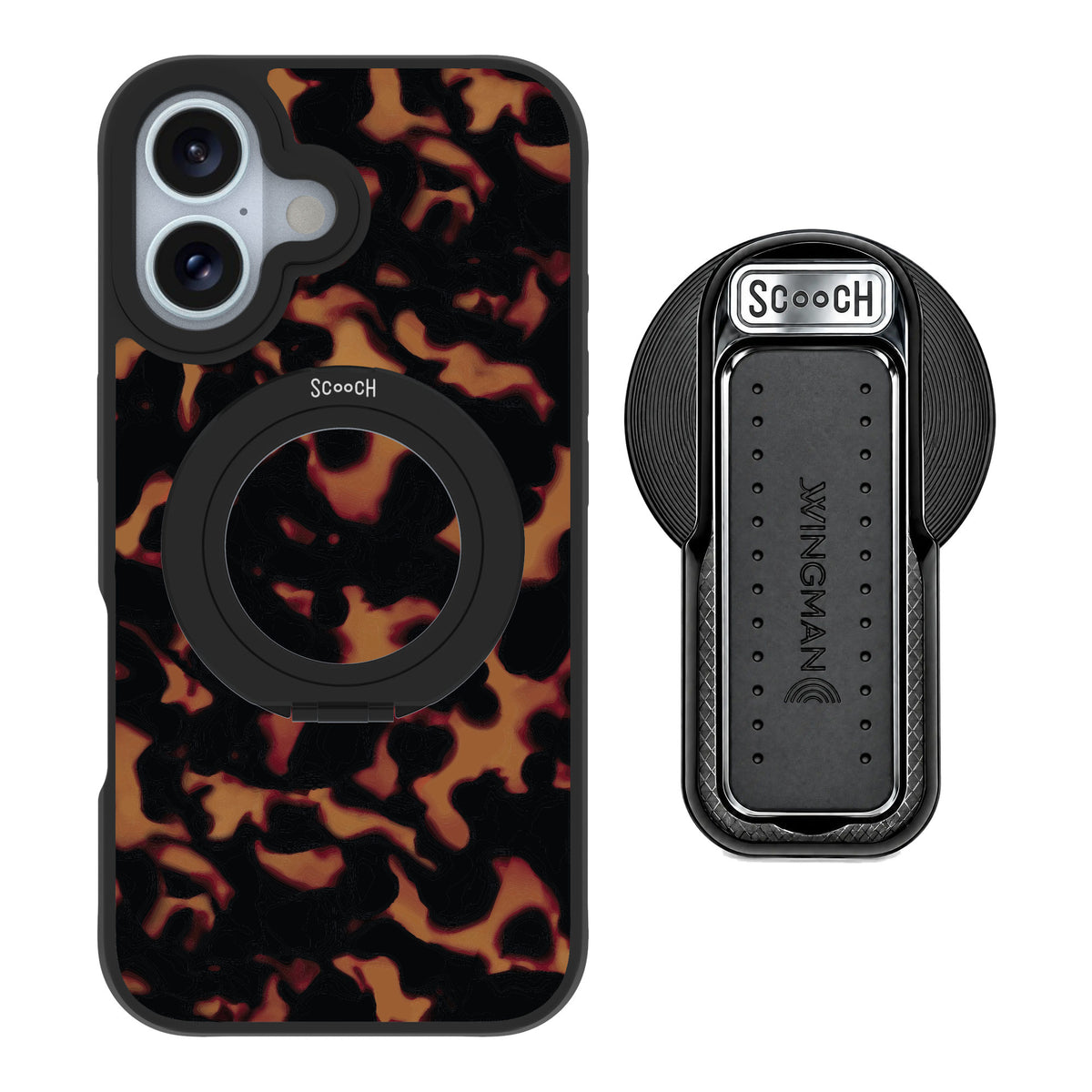 Scooch MagCase Tortoise Shell for iPhone 16 — MagSafe Wingback Bundle - Black