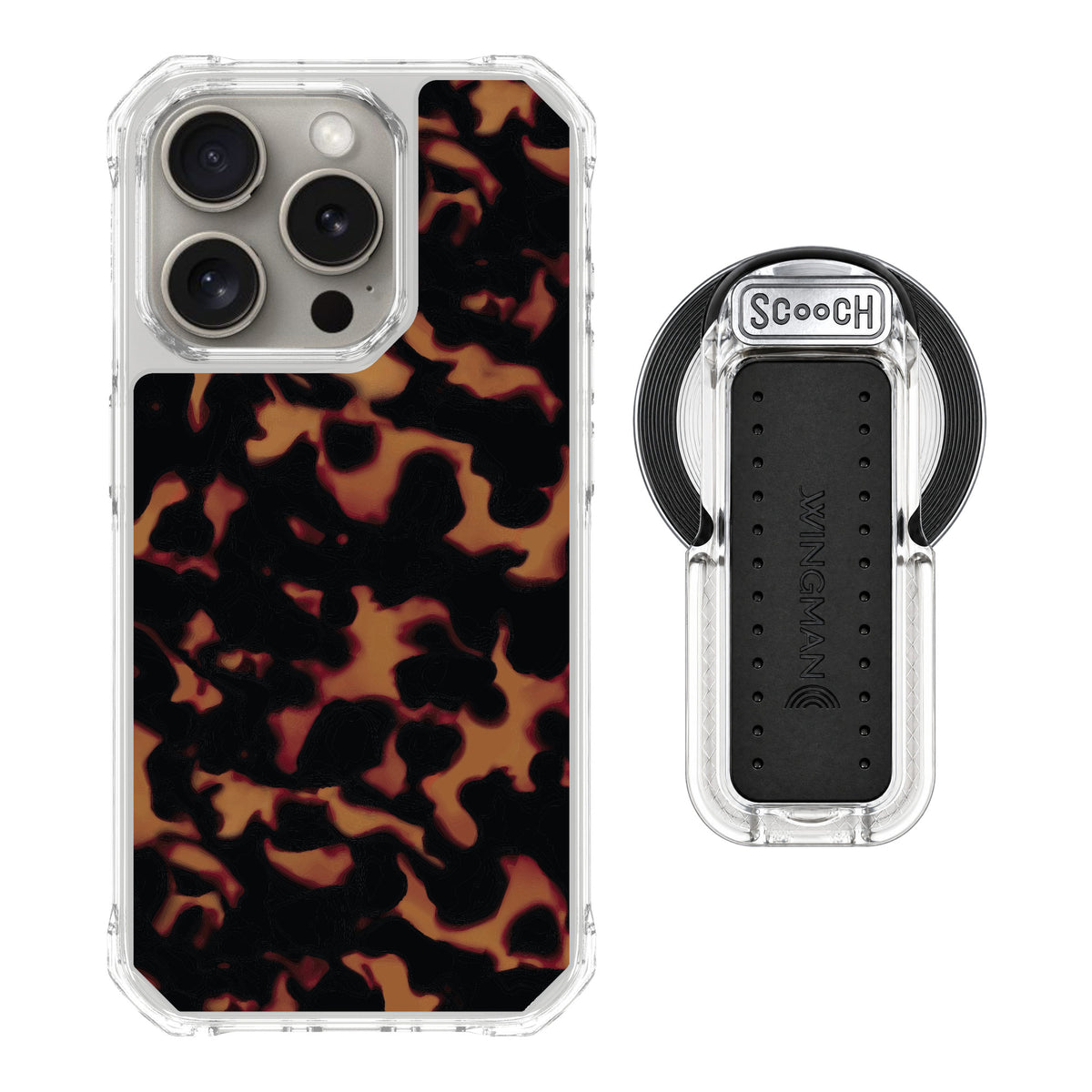 Scooch MagCase Tortoise Shell for iPhone 15 Pro — MagSafe Wingback Bundle - Clear