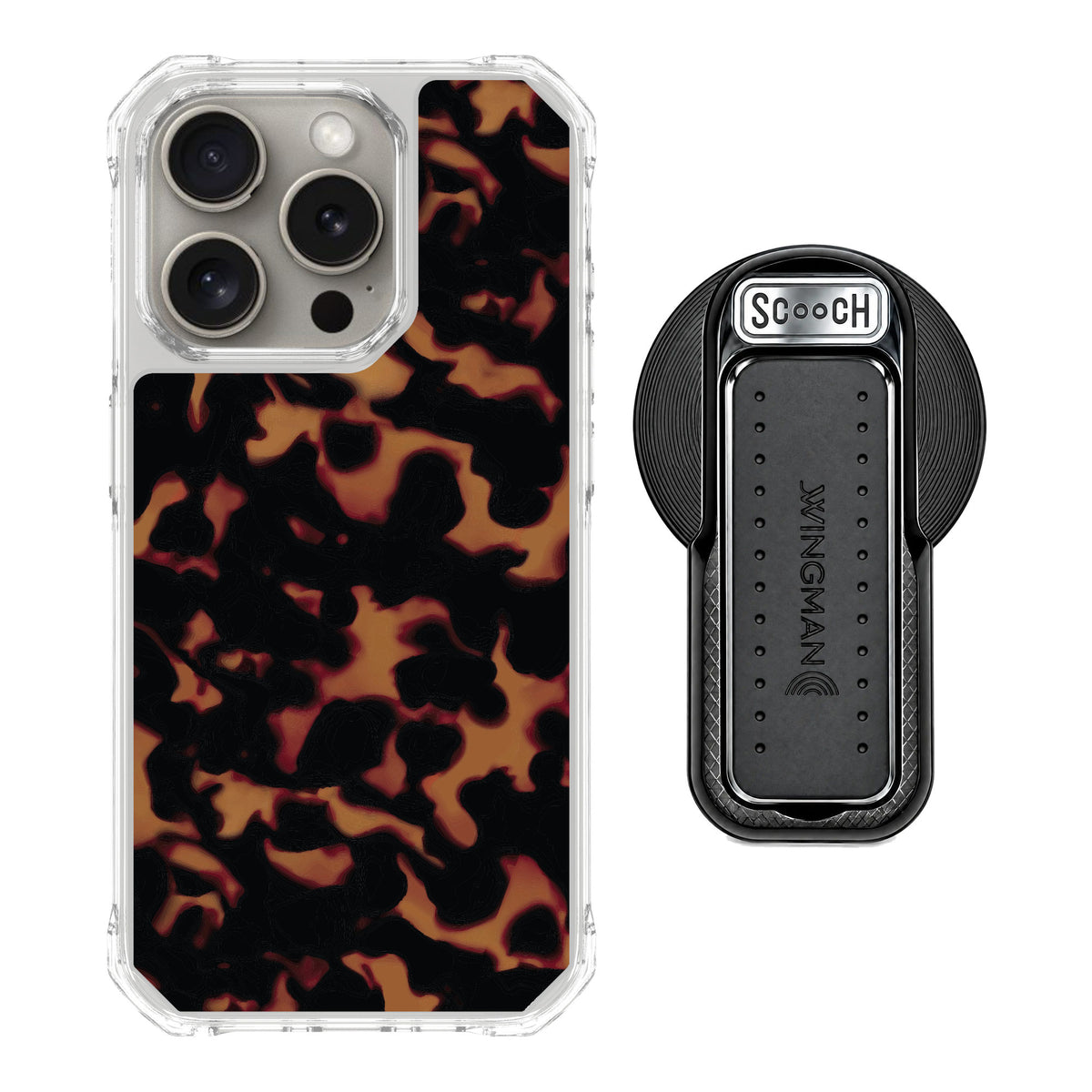 Scooch MagCase Tortoise Shell for iPhone 15 Pro — MagSafe Wingback Bundle - Black
