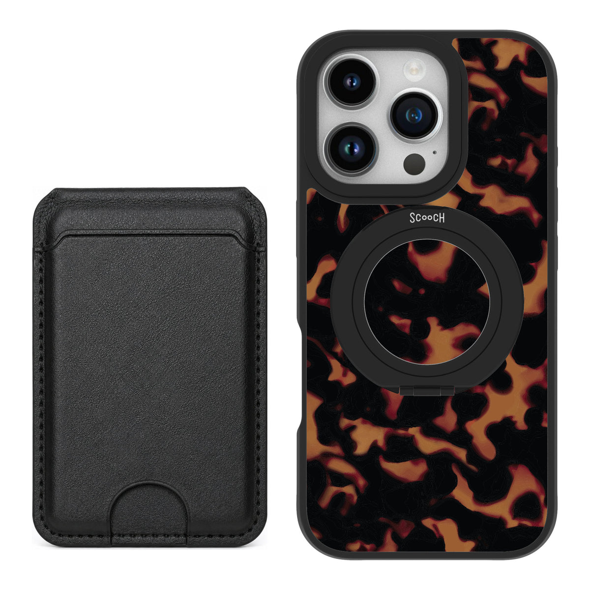 Scooch MagCase Tortoise Shell for iPhone 16 Pro — Black MagWallet Bundle