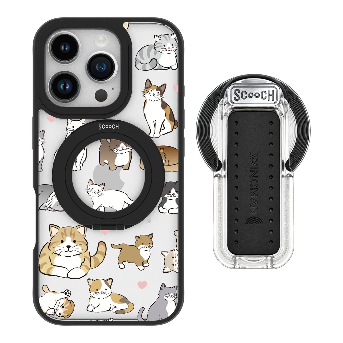 Scooch MagCase Cat Party for iPhone 16 Pro — MagSafe Wingback Bundle - Clear