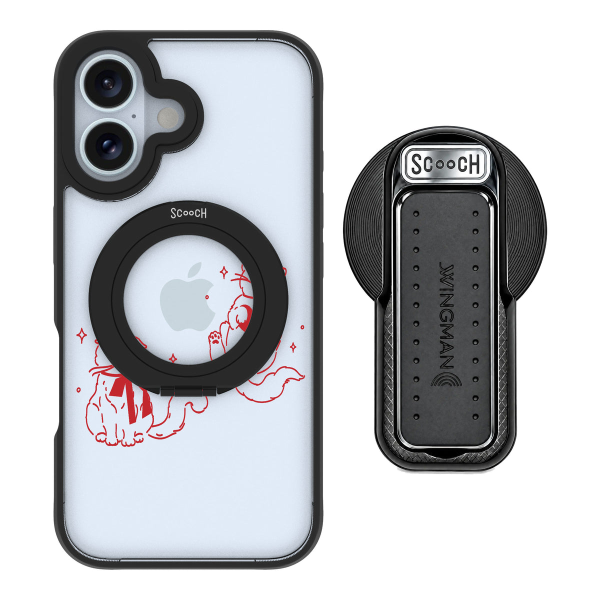 Scooch MagCase Cupid's Cats for iPhone 16 — MagSafe Wingback Bundle - Black