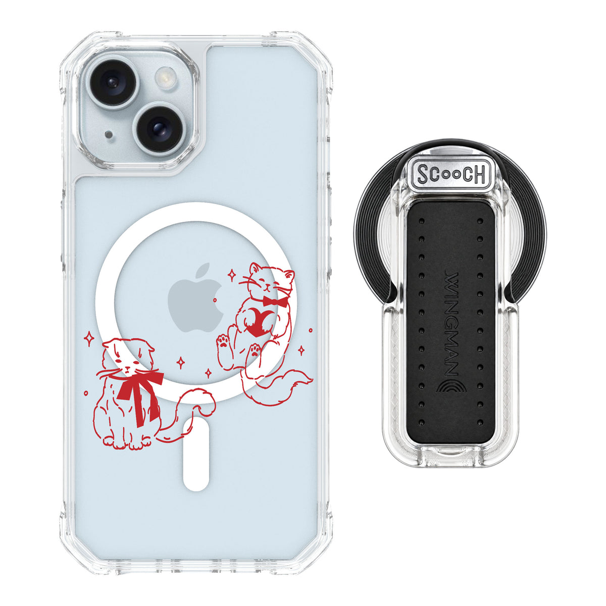 Scooch MagCase Cupid's Cats for iPhone 15 — MagSafe Wingback Bundle - Clear