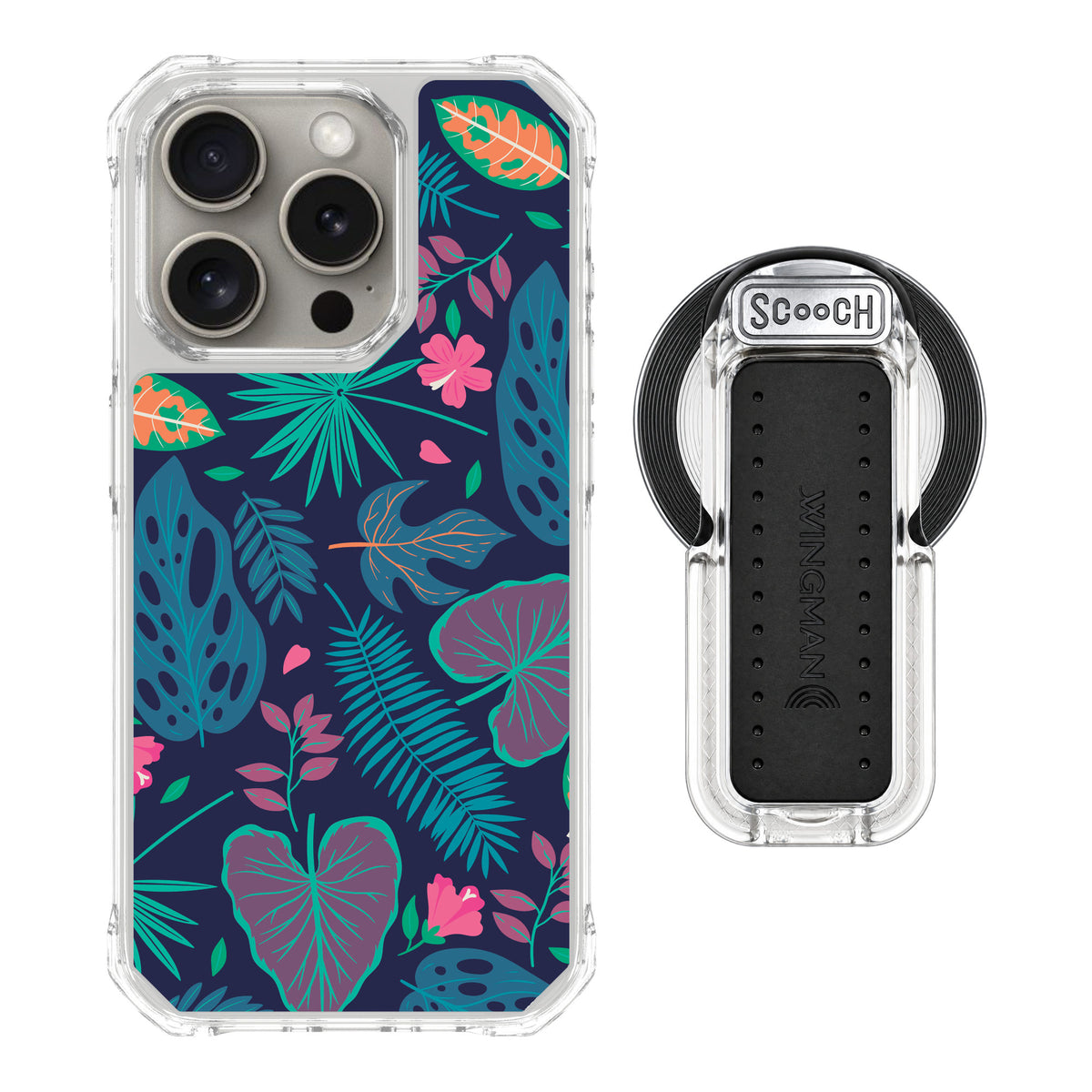 Scooch MagCase Tropical Leaves for iPhone 15 Pro — MagSafe Wingback Bundle - Clear