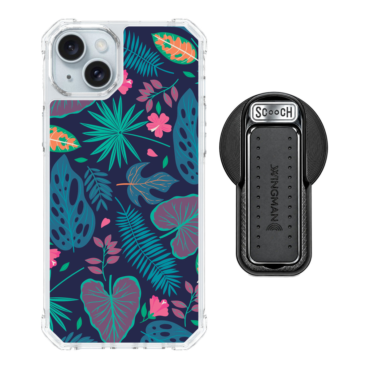 Scooch MagCase Tropical Leaves for iPhone 14 Plus — MagSafe Wingback Bundle - Black