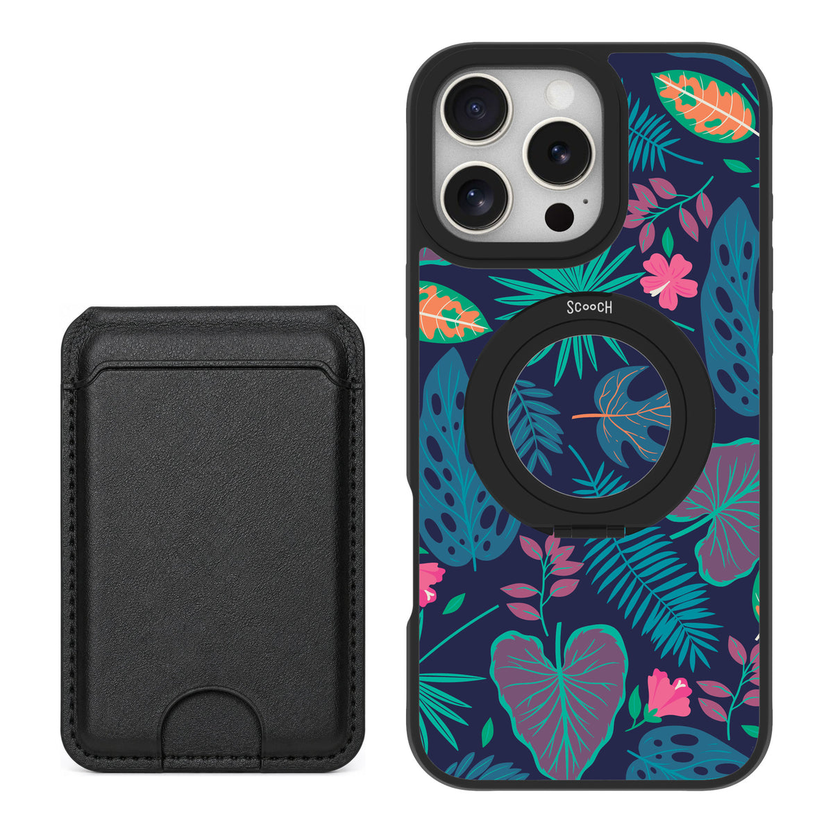 Scooch MagCase Tropical Leaves for iPhone 16 Pro Max — Black MagWallet Bundle