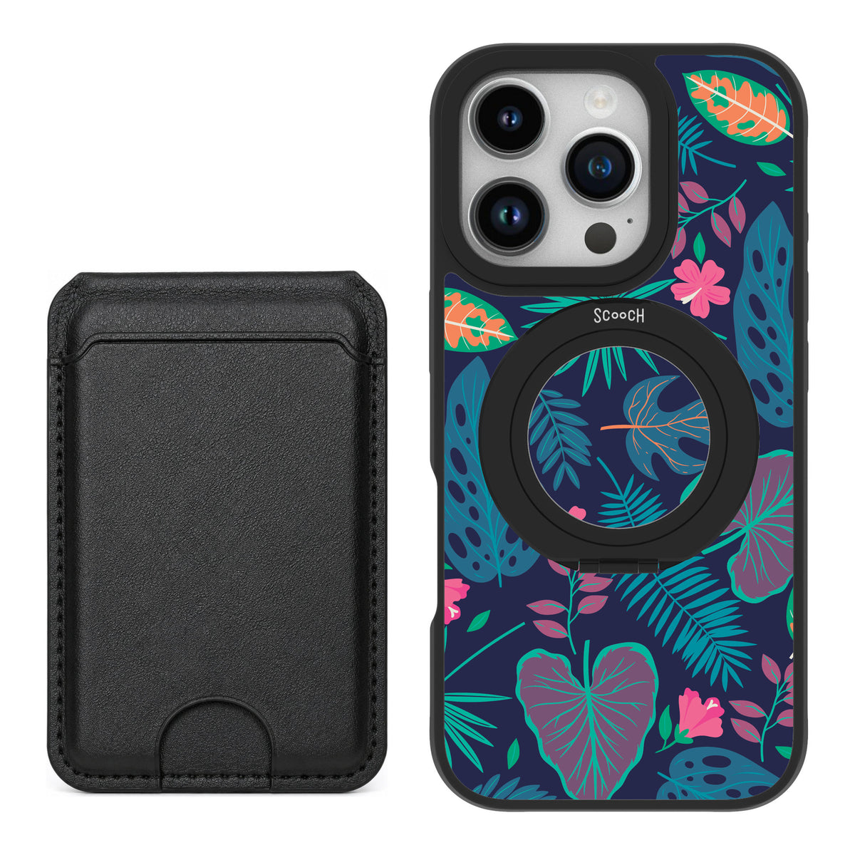 Scooch MagCase Tropical Leaves for iPhone 16 Pro — Black MagWallet Bundle