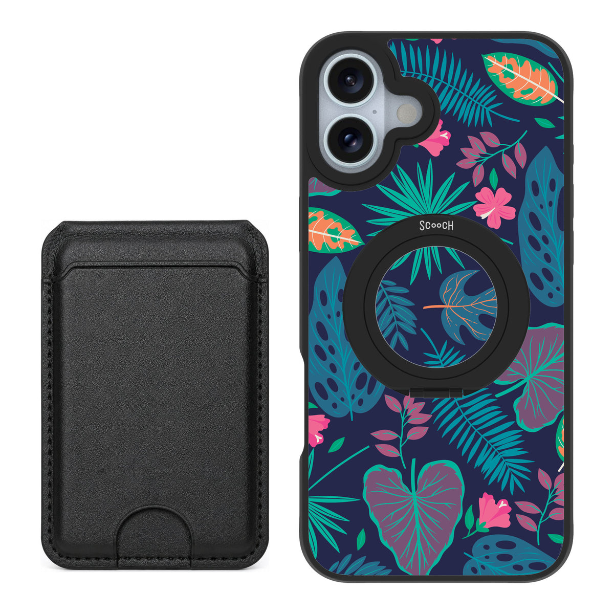 Scooch MagCase Tropical Leaves for iPhone 16 Plus — Black MagWallet Bundle