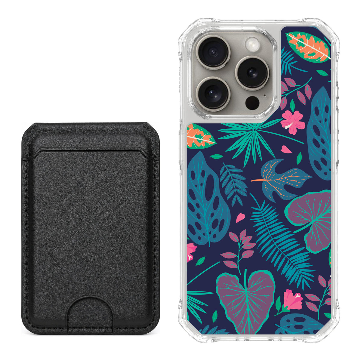 Scooch MagCase Tropical Leaves for iPhone 15 Pro — Black MagWallet Bundle
