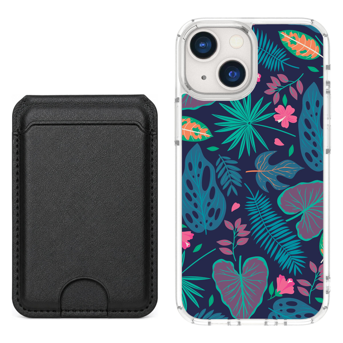 Scooch MagCase Tropical Leaves for iPhone 13 mini — Black MagWallet Bundle