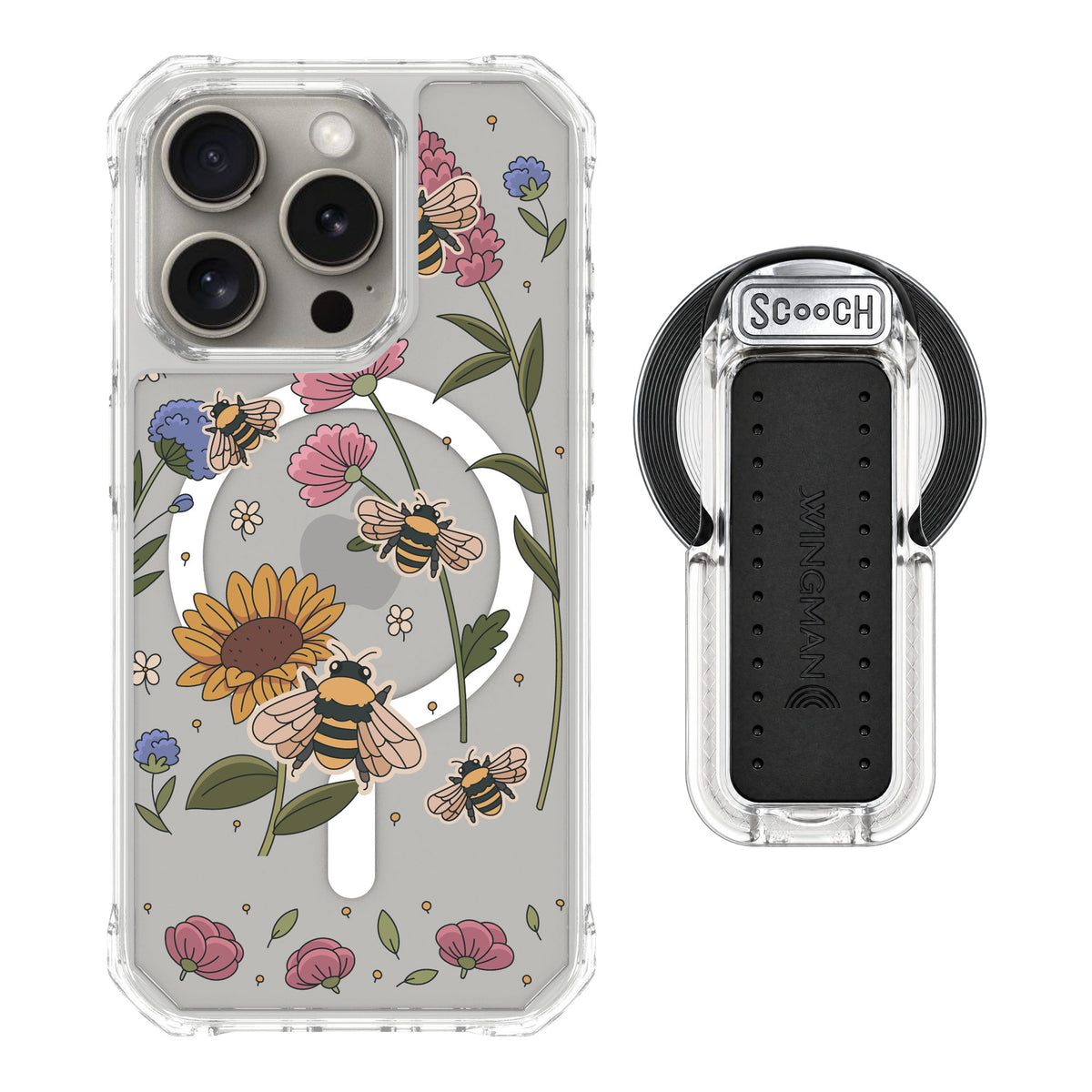 Scooch MagCase Bee Happy for iPhone 15 Pro — MagSafe Wingback Bundle - Clear