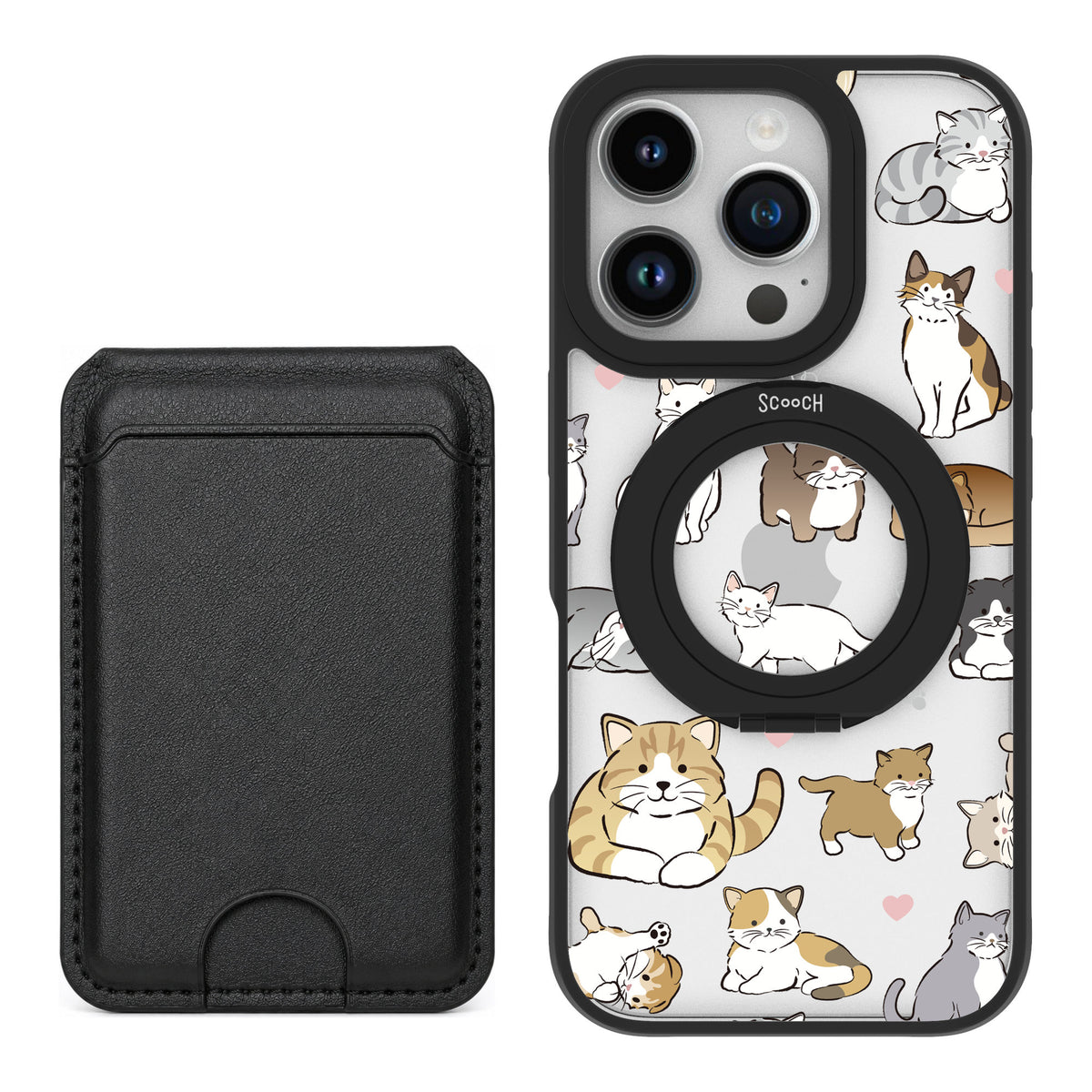 Scooch MagCase Cat Party for iPhone 16 Pro — Black MagWallet Bundle