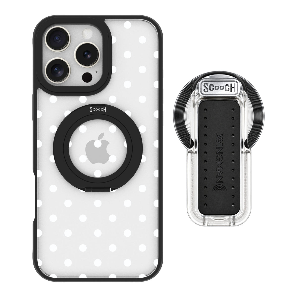 Scooch MagCase Polka Dots for iPhone 16 Pro Max — MagSafe Wingback Bundle - Clear