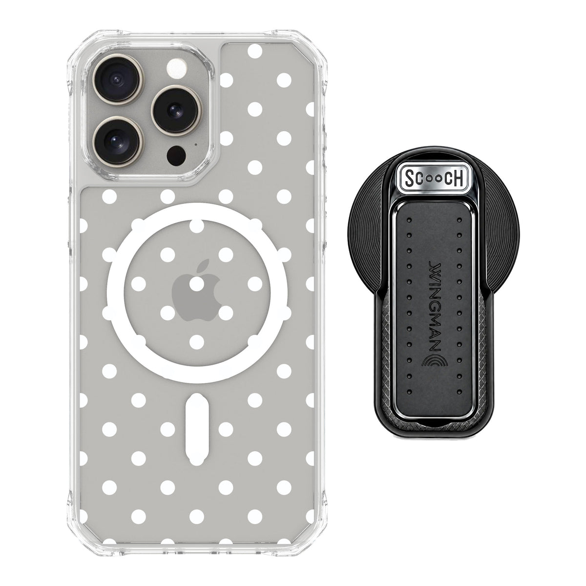 Scooch MagCase Polka Dots for iPhone 15 Pro Max — MagSafe Wingback Bundle - Black