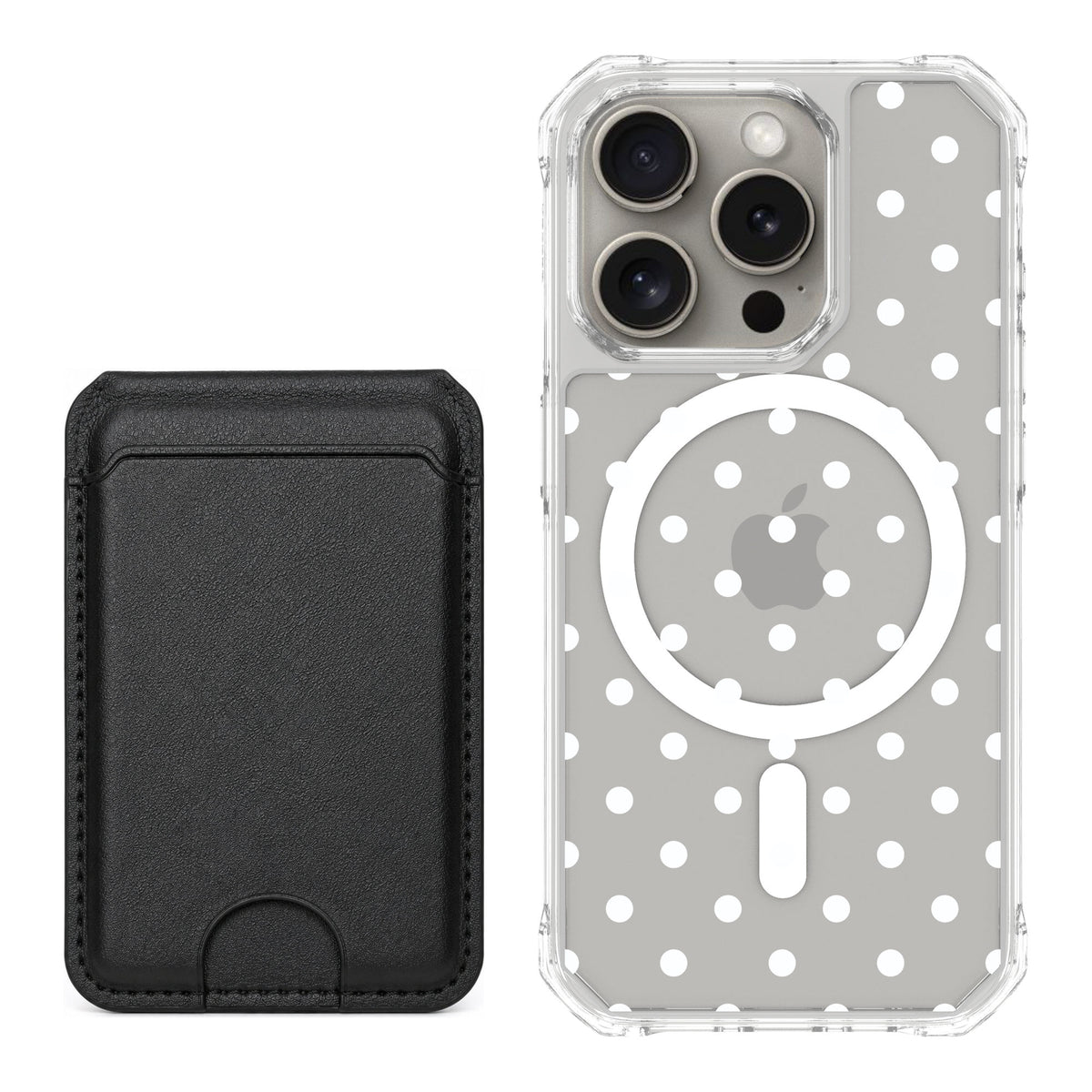 Scooch MagCase Polka Dots for iPhone 15 Pro — Black MagWallet Bundle