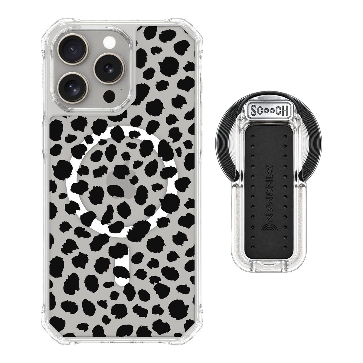 Scooch MagCase Black Leopard for iPhone 15 Pro Max — MagSafe Wingback Bundle - Clear