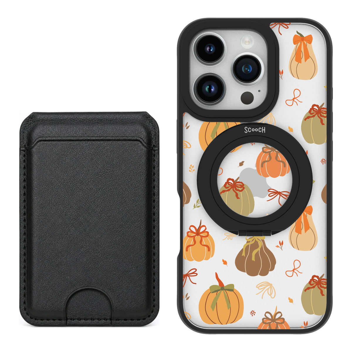 Scooch MagCase Pretty Pumpkins for iPhone 16 Pro — Black MagWallet Bundle
