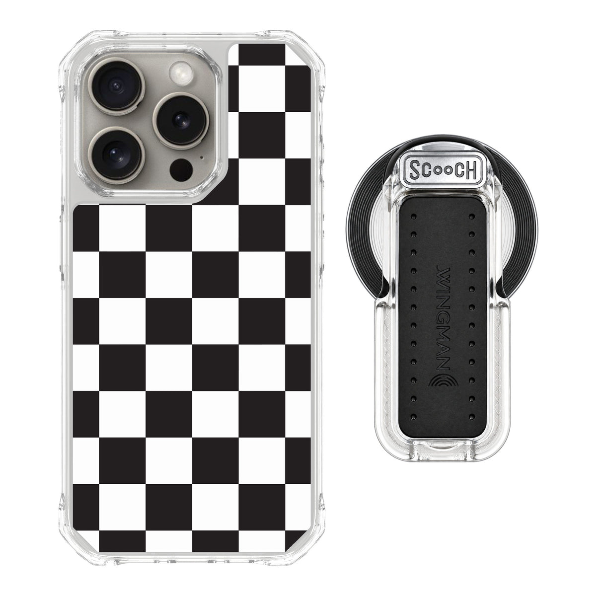 Scooch MagCase Checkered for iPhone 15 Pro — MagSafe Wingback Bundle - Clear