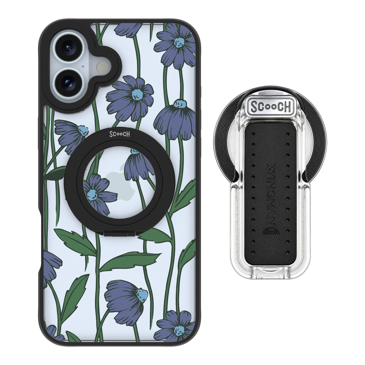Scooch MagCase Violet Daisy for iPhone 16 Plus — MagSafe Wingback Bundle - Clear