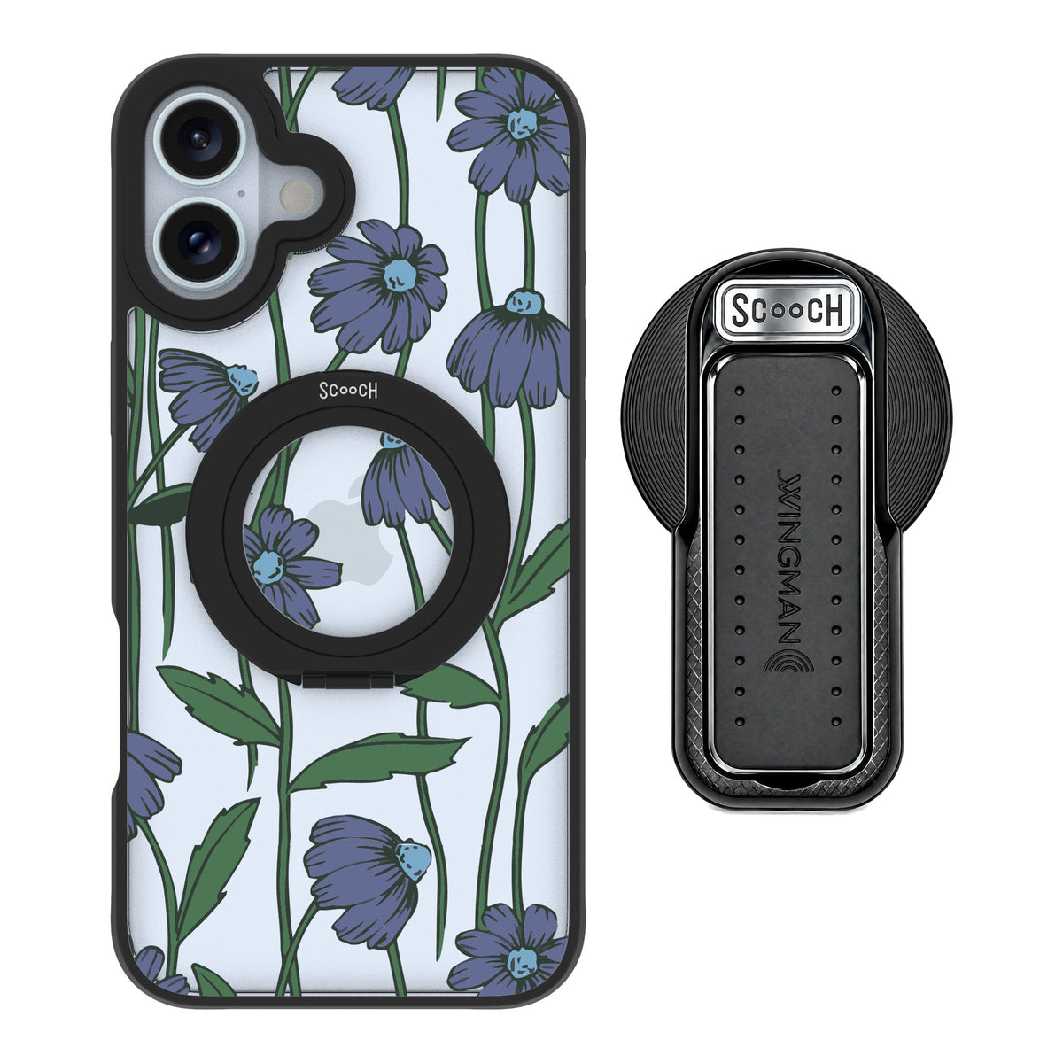 Scooch MagCase Violet Daisy for iPhone 16 Plus — MagSafe Wingback Bundle - Black