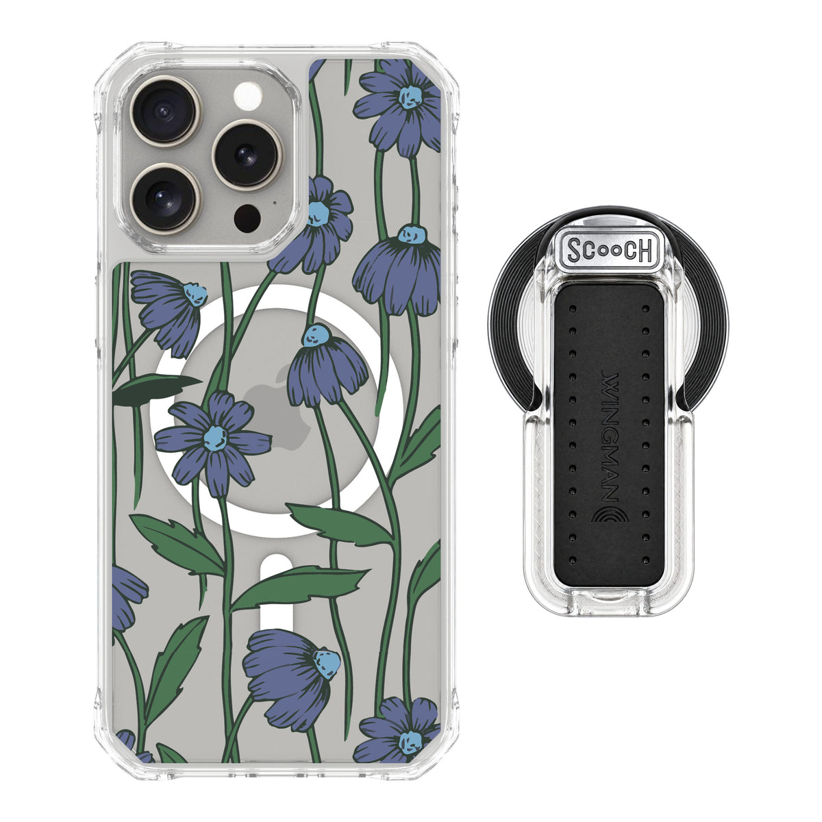 Scooch MagCase Violet Daisy for iPhone 15 Pro Max — MagSafe Wingback Bundle - Clear