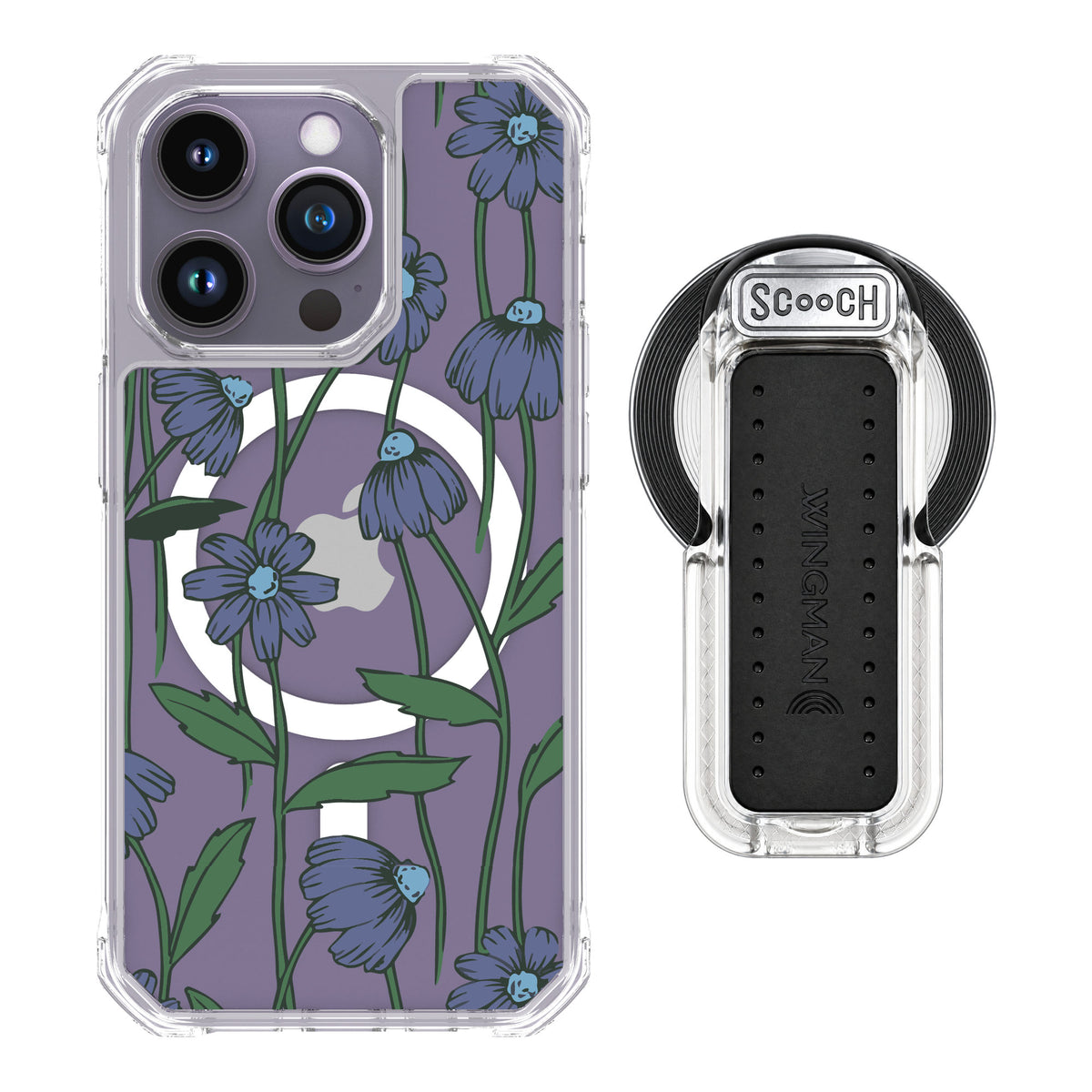 Scooch MagCase Violet Daisy for iPhone 14 Pro — MagSafe Wingback Bundle - Clear