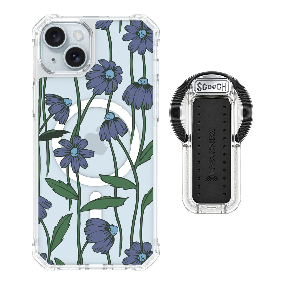 Scooch MagCase Violet Daisy for iPhone 14 Plus — MagSafe Wingback Bundle - Clear