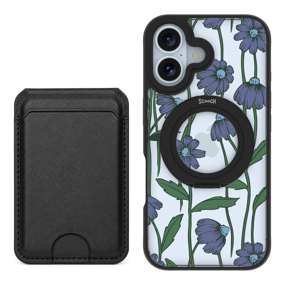 Scooch MagCase Violet Daisy for iPhone 16 — Black MagWallet Bundle