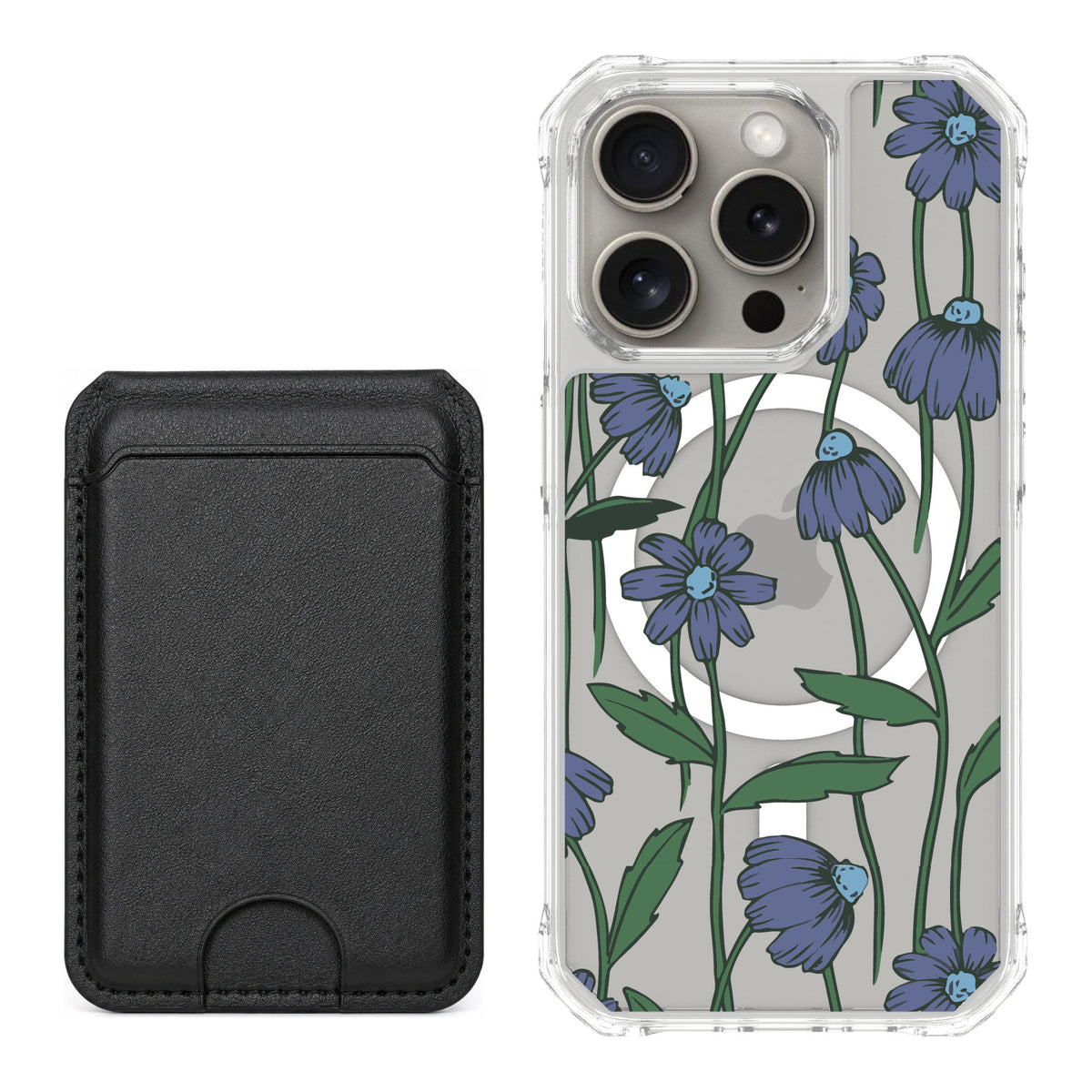 Scooch MagCase Violet Daisy for iPhone 15 Pro — Black MagWallet Bundle