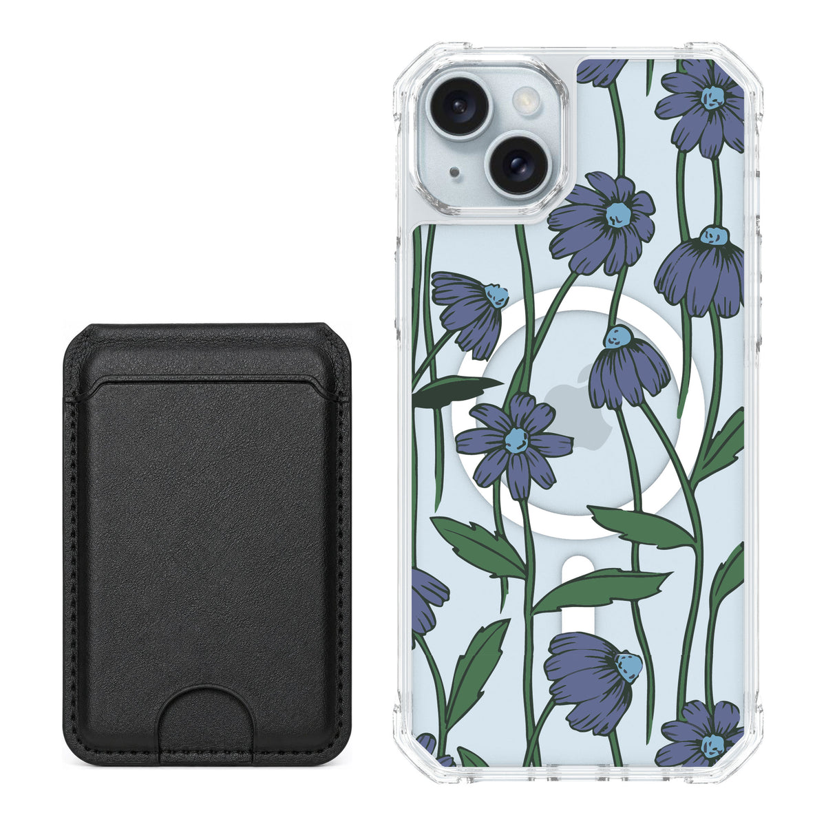 Scooch MagCase Violet Daisy for iPhone 15 Plus — Black MagWallet Bundle
