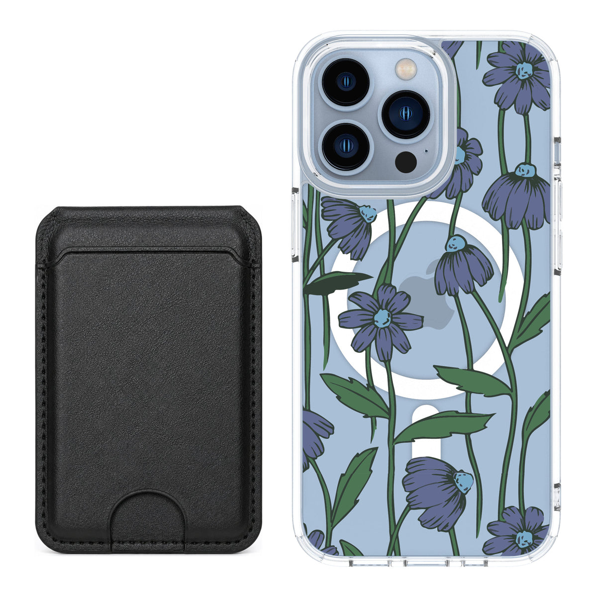 Scooch MagCase Violet Daisy for iPhone 13 Pro — Black MagWallet Bundle