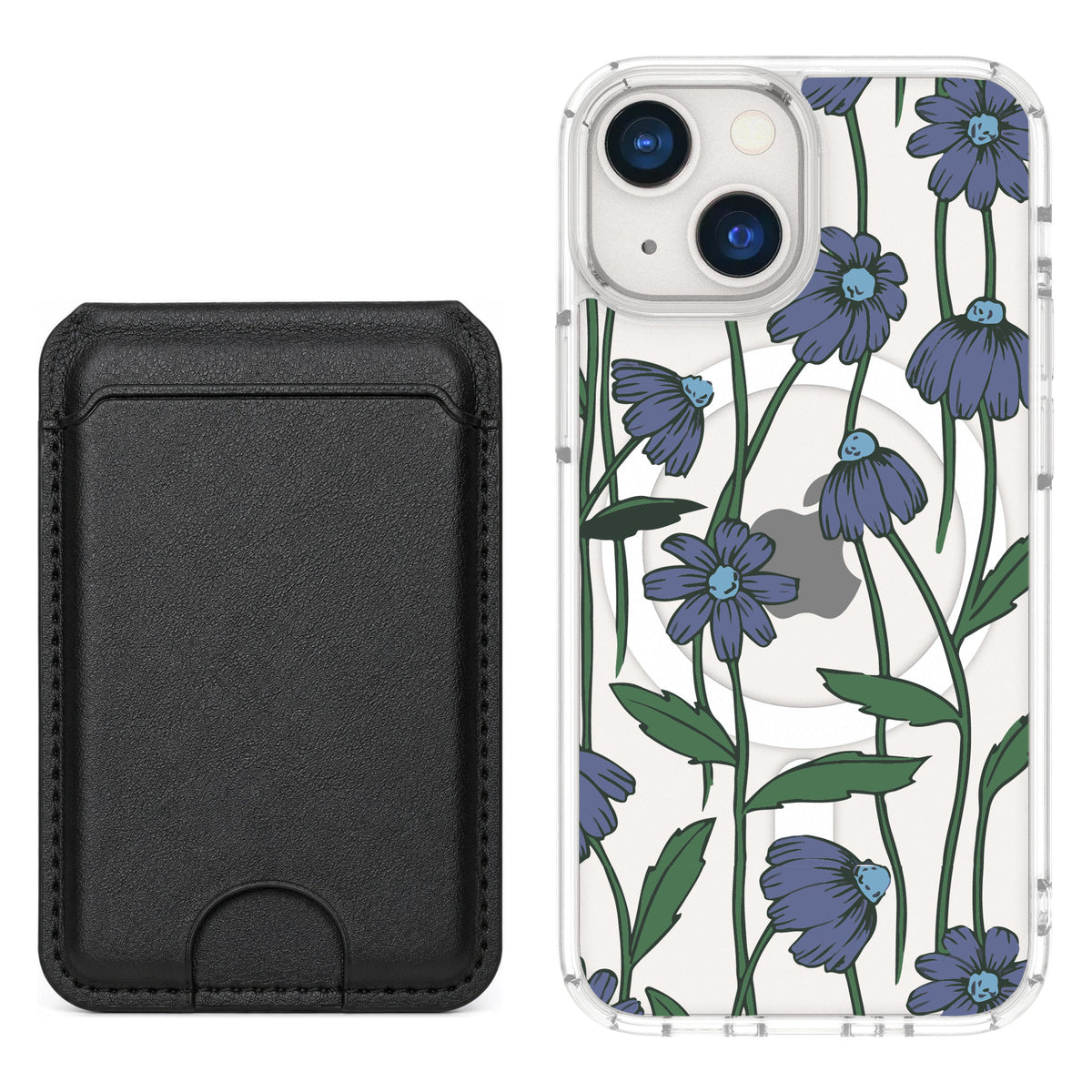 Scooch MagCase Violet Daisy for iPhone 13 mini — Black MagWallet Bundle