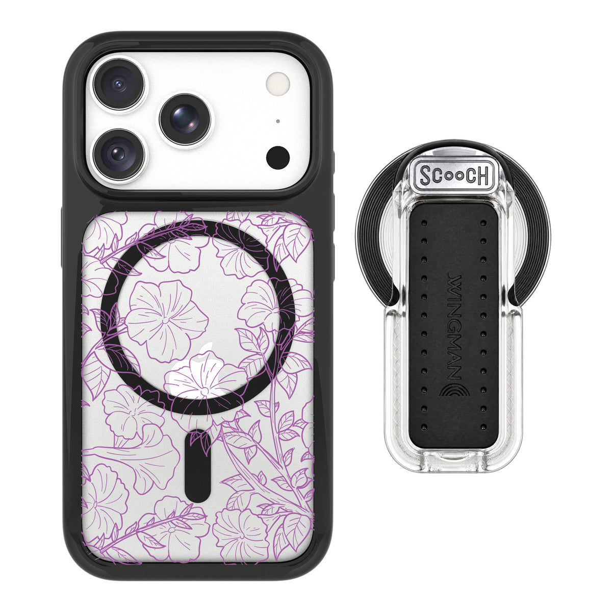 Scooch MagCase Purple Petunias for iPhone 18 Pro Max — MagSafe Wingback Bundle - Clear