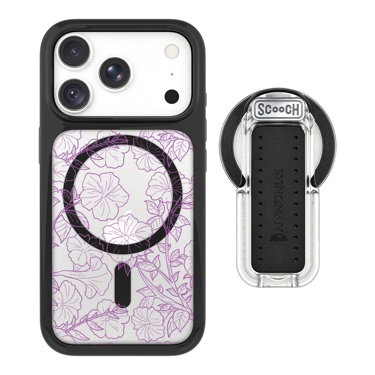 Scooch MagCase Purple Petunias for iPhone 18 Pro — MagSafe Wingback Bundle - Clear
