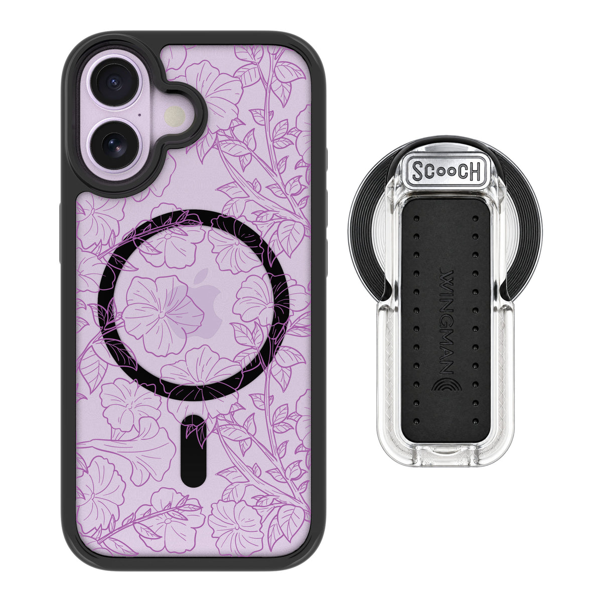 Scooch MagCase Purple Petunias for iPhone 17 — MagSafe Wingback Bundle - Clear
