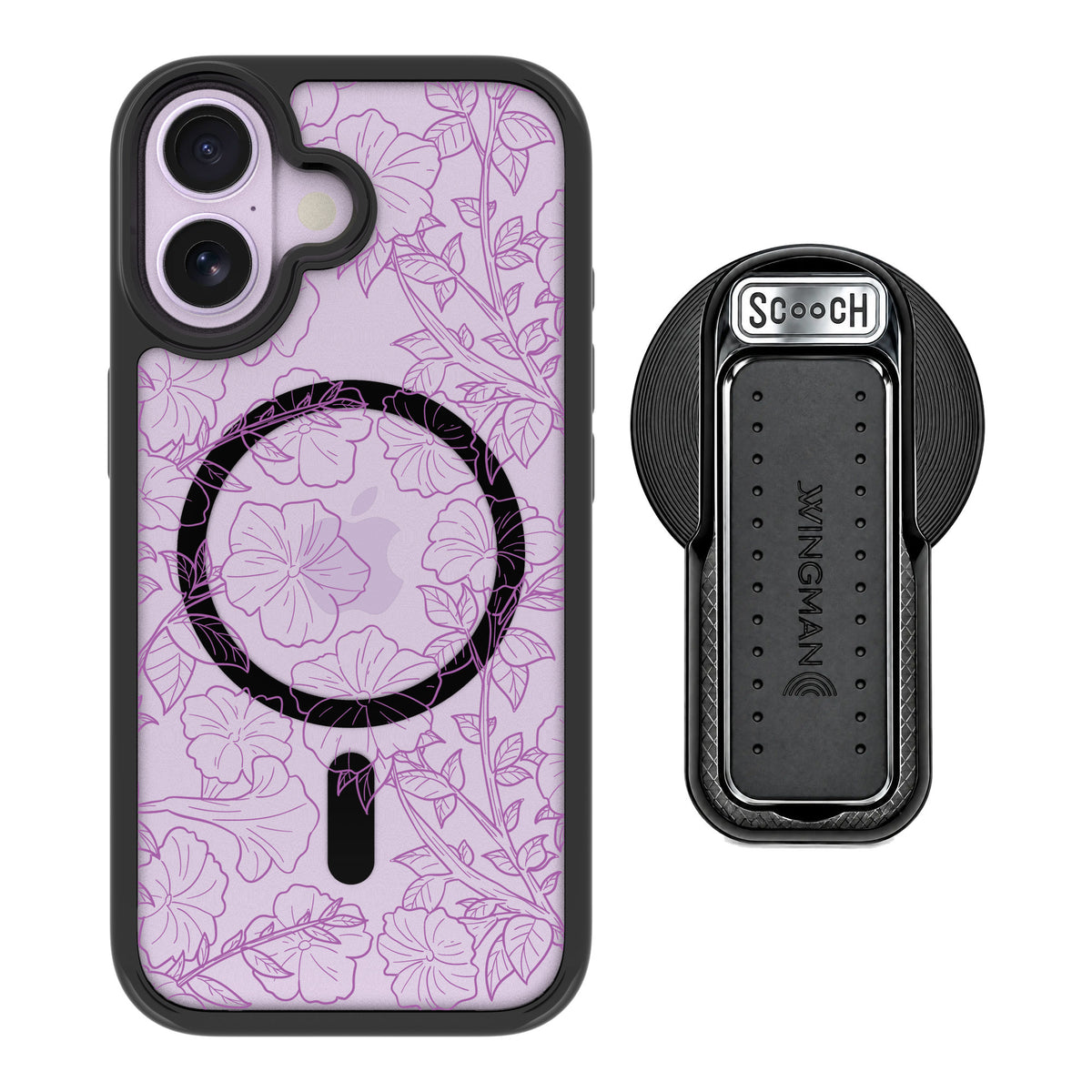 Scooch MagCase Purple Petunias for iPhone 17 — MagSafe Wingback Bundle - Black