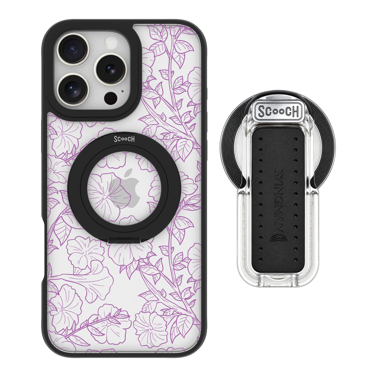 Scooch MagCase Purple Petunias for iPhone 16 Pro Max — MagSafe Wingback Bundle - Clear