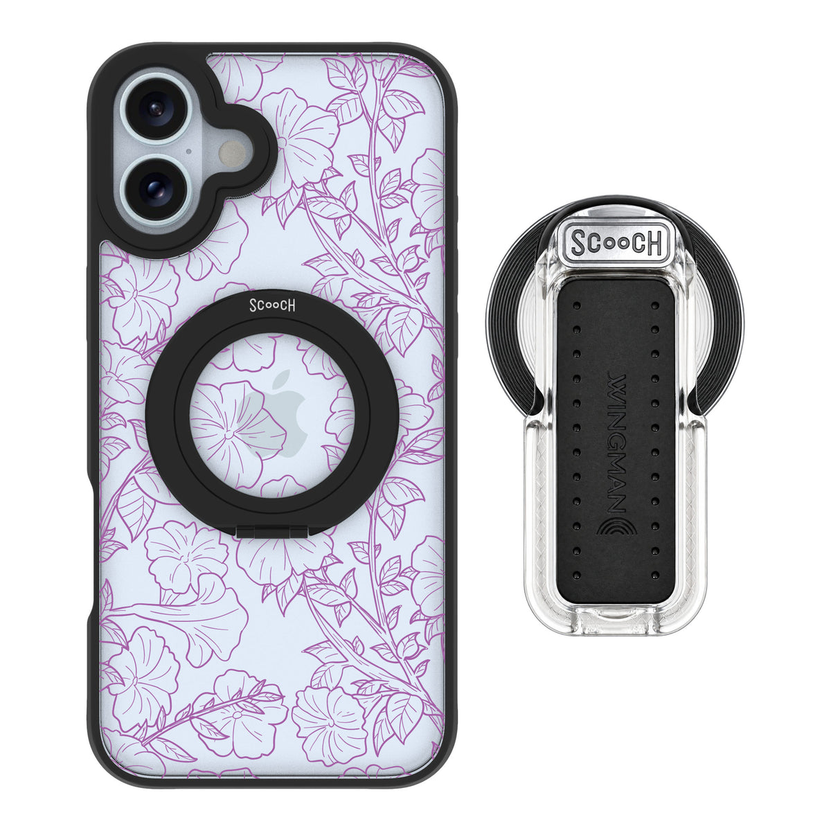 Scooch MagCase Purple Petunias for iPhone 16 Plus — MagSafe Wingback Bundle - Clear
