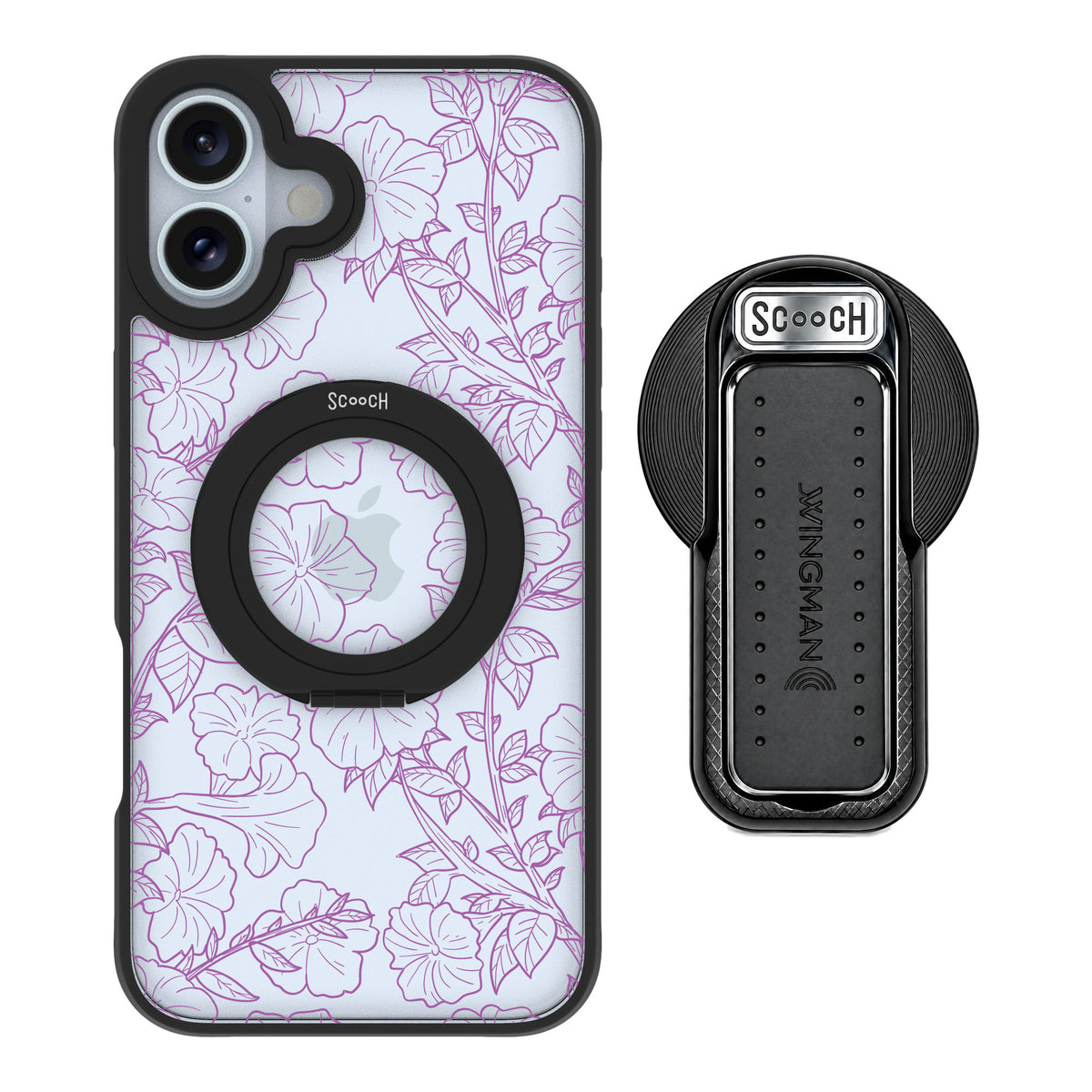 Scooch MagCase Purple Petunias for iPhone 16 Plus — MagSafe Wingback Bundle - Black