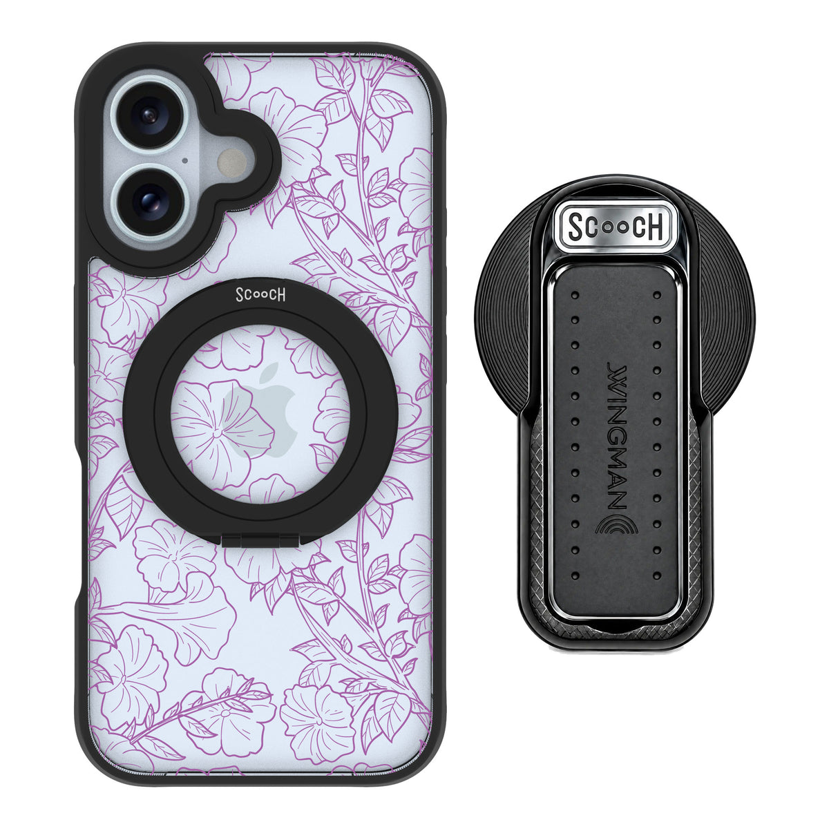 Scooch MagCase Purple Petunias for iPhone 16 — MagSafe Wingback Bundle - Black