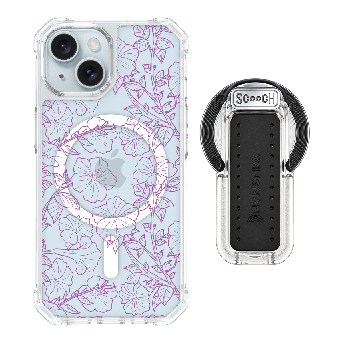 Scooch MagCase Purple Petunias for iPhone 15 — MagSafe Wingback Bundle - Clear