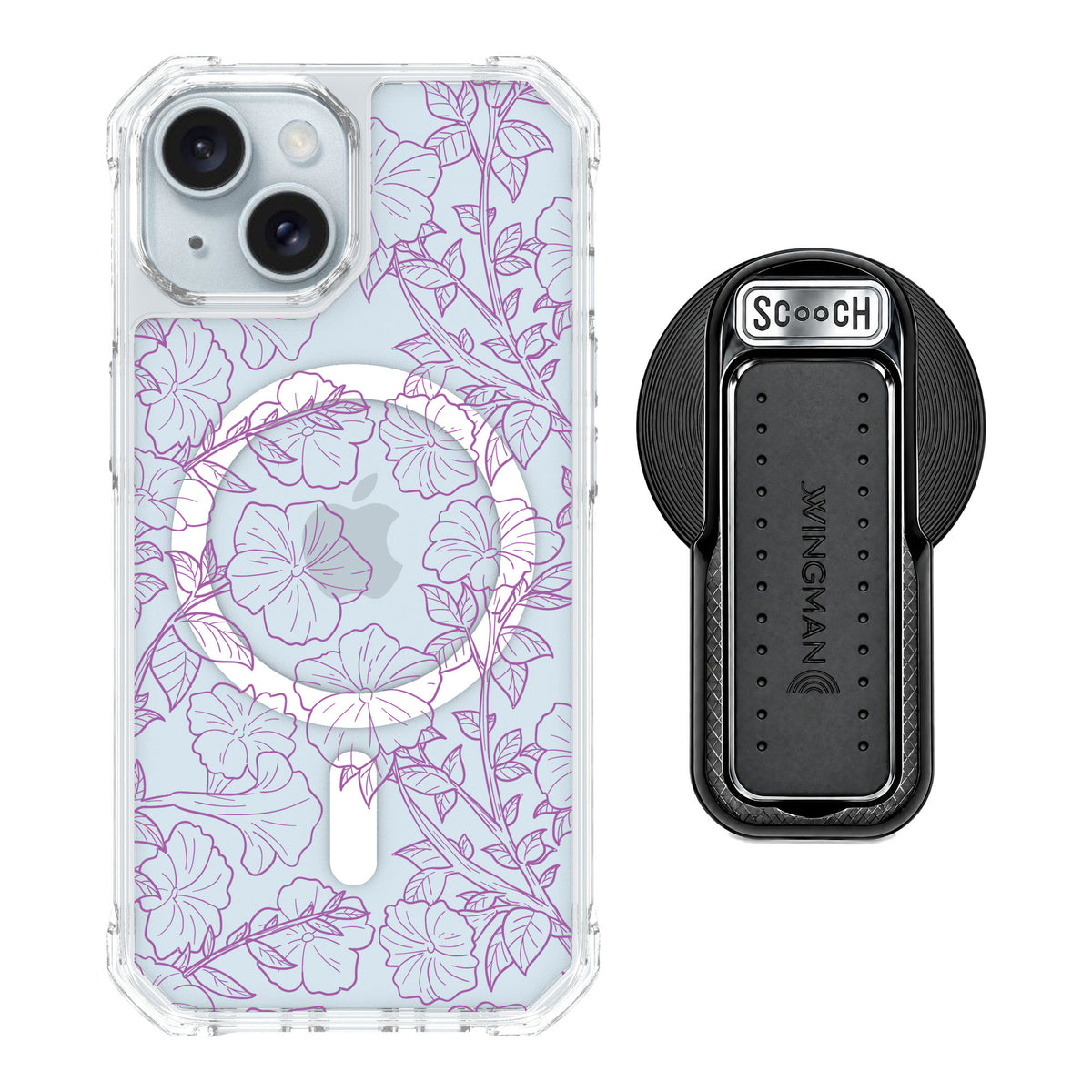 Scooch MagCase Purple Petunias for iPhone 15 — MagSafe Wingback Bundle - Black