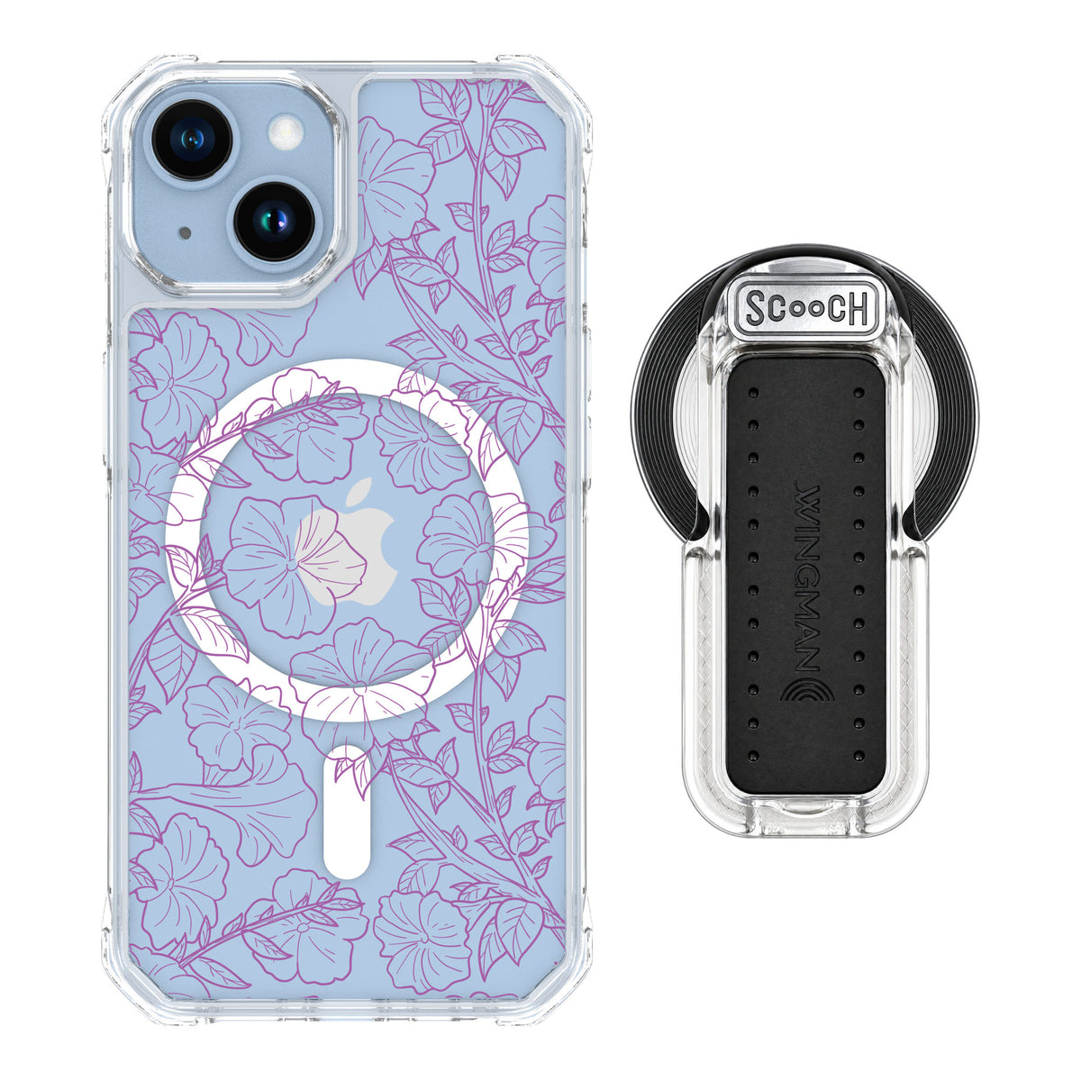 Scooch MagCase Purple Petunias for iPhone 14 — MagSafe Wingback Bundle - Clear