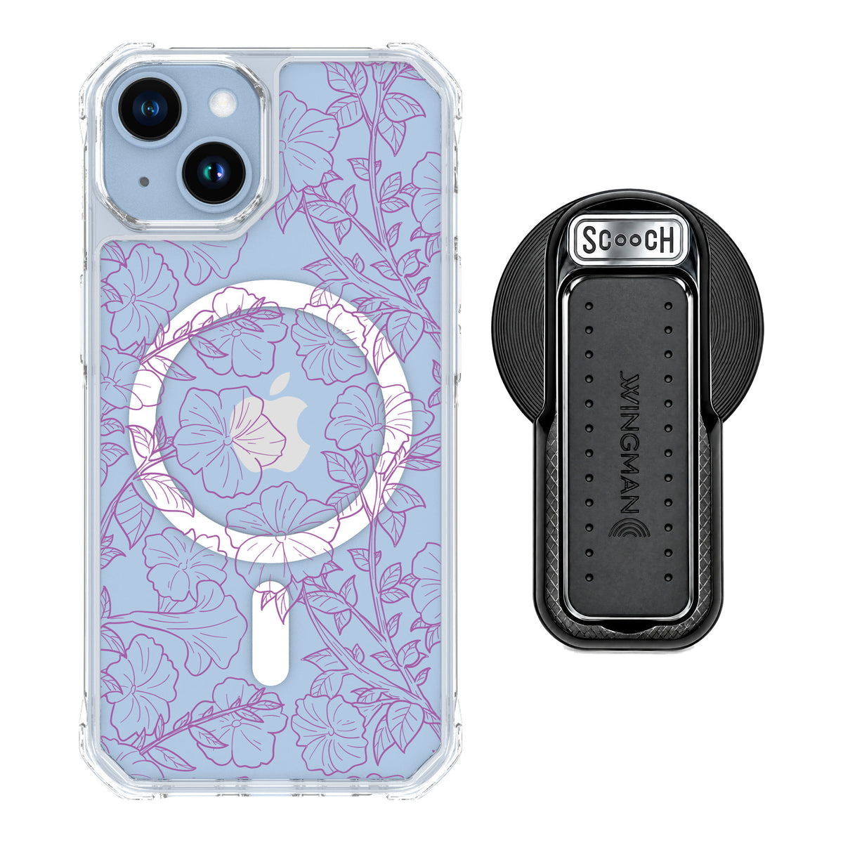 Scooch MagCase Purple Petunias for iPhone 14 — MagSafe Wingback Bundle - Black