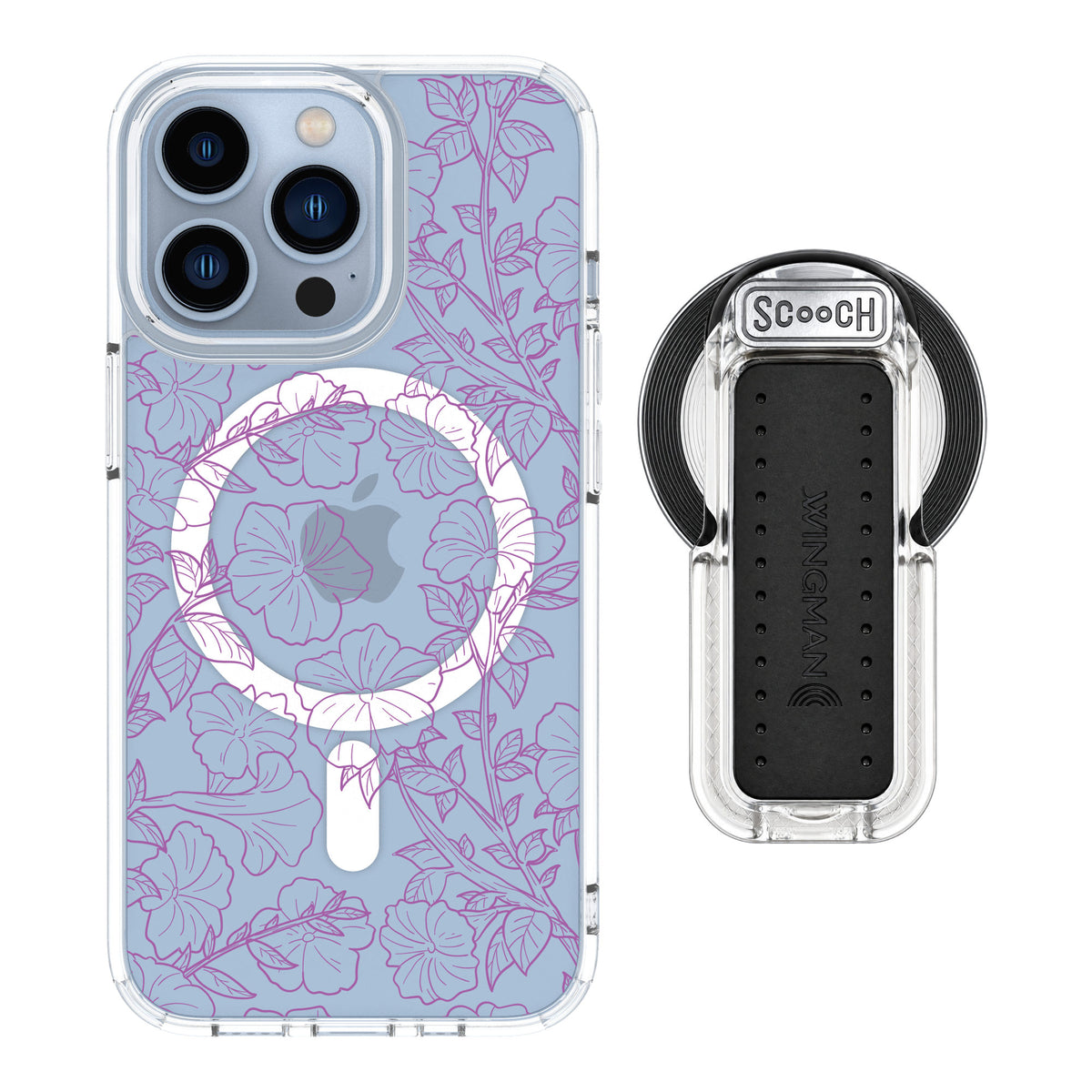 Scooch MagCase Purple Petunias for iPhone 13 Pro — MagSafe Wingback Bundle - Clear