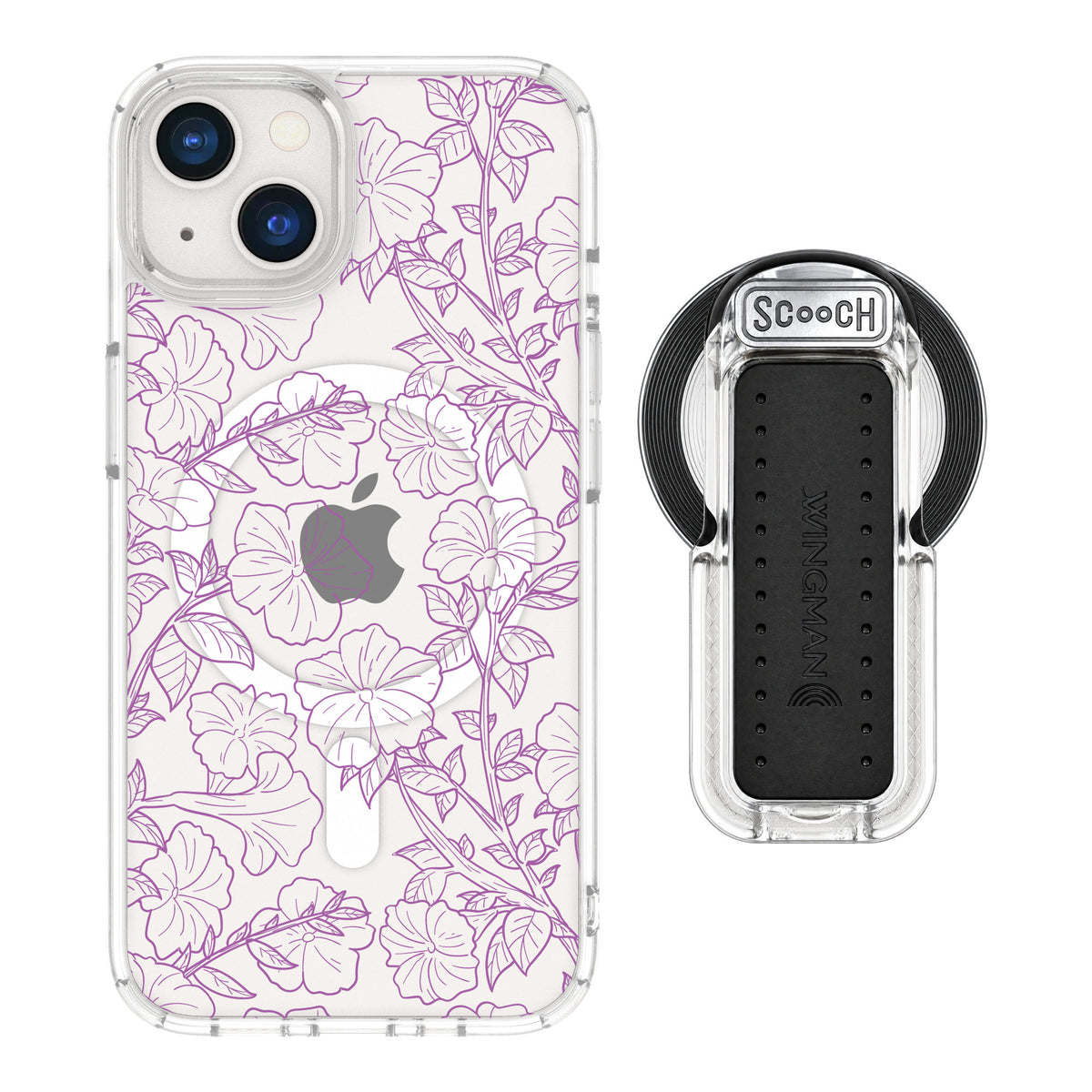 Scooch MagCase Purple Petunias for iPhone 13 — MagSafe Wingback Bundle - Clear
